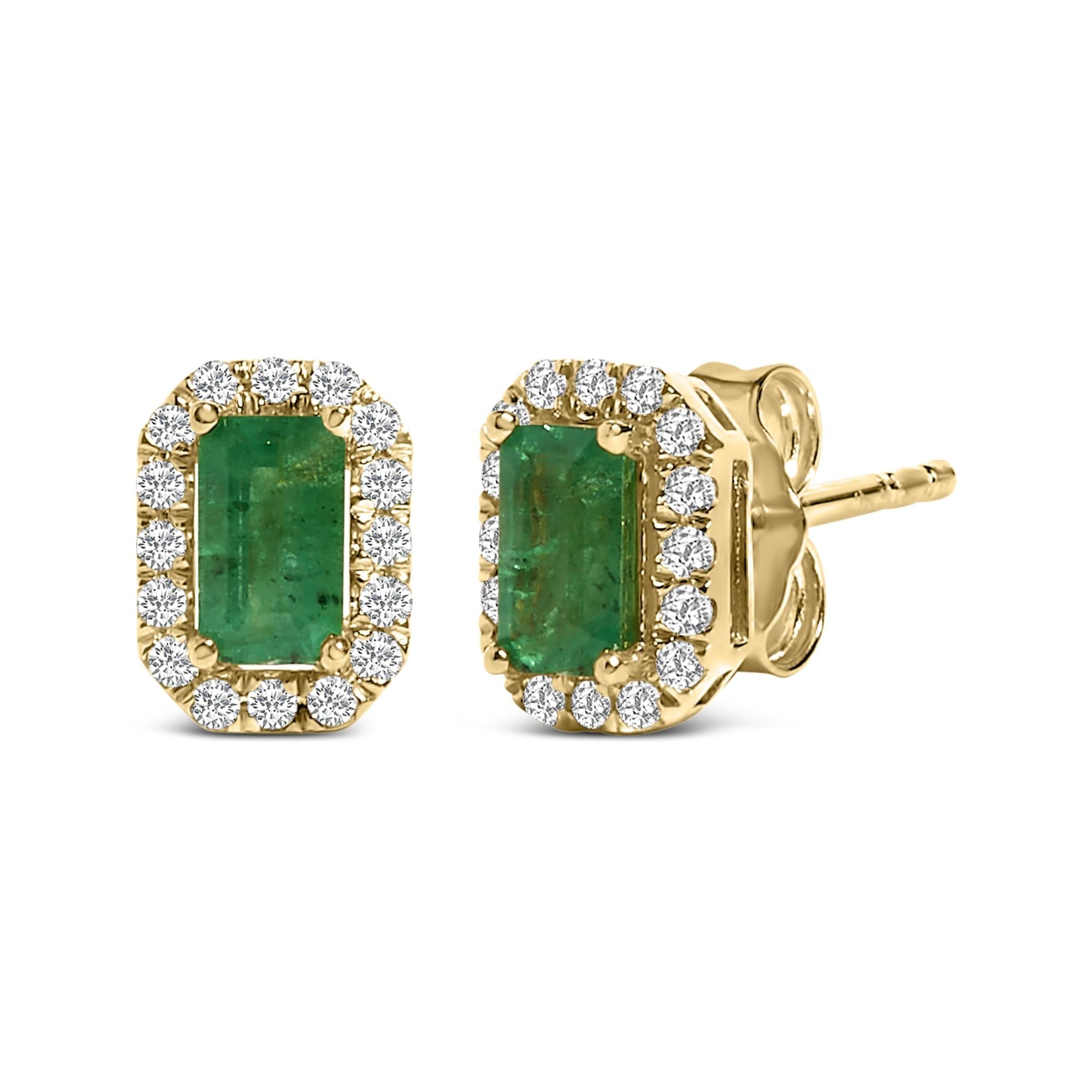 14K Yellow Gold Green Emerald and 1/8 Cttw Diamond Halo Octagonal Shaped Stud Earrings  (I-J Color, I1-I2 Clarity)