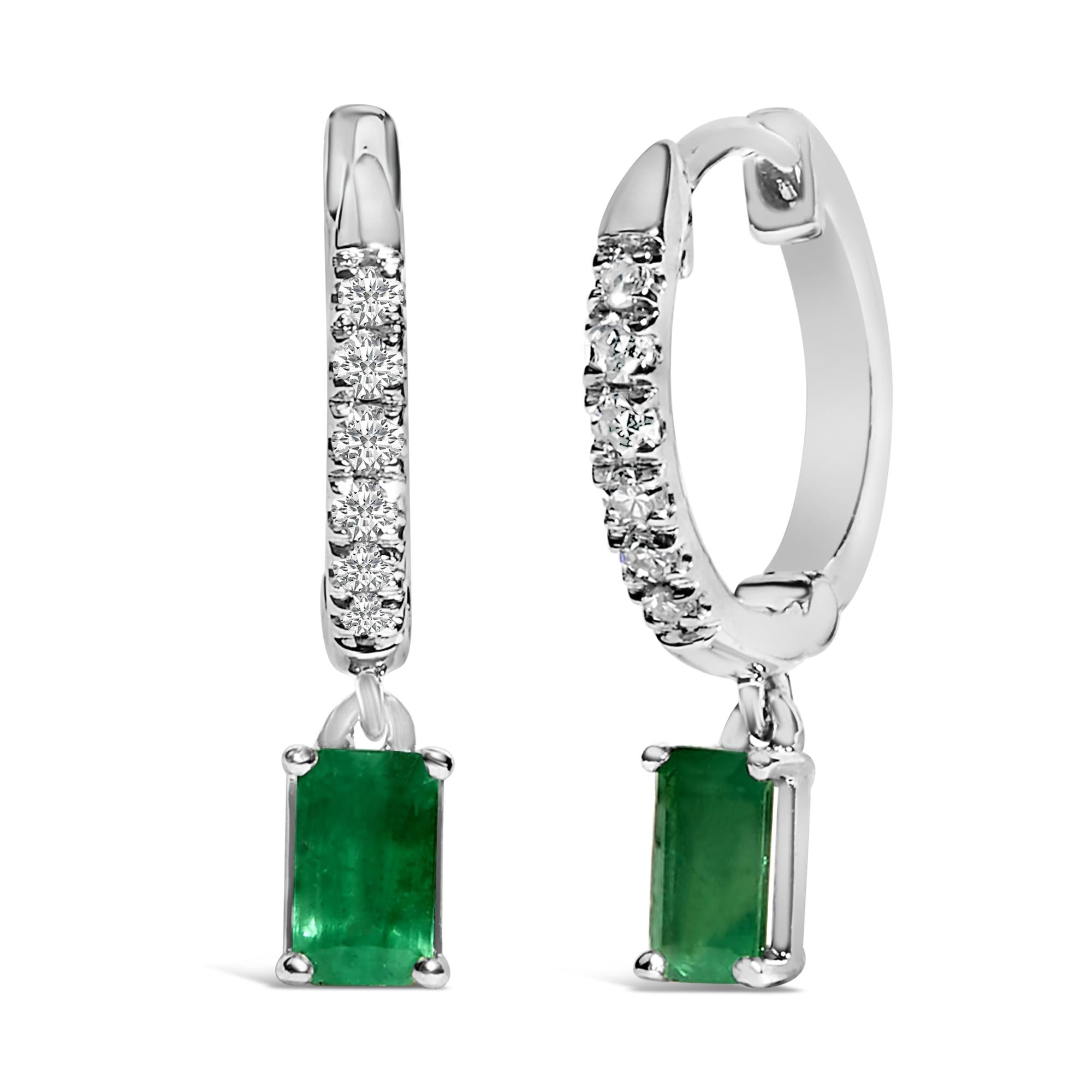 10K White Gold Oval Green Emerald and 1/8 Cttw Diamond Drop Earrings  (I-J Color, I1-I2 Clarity)
