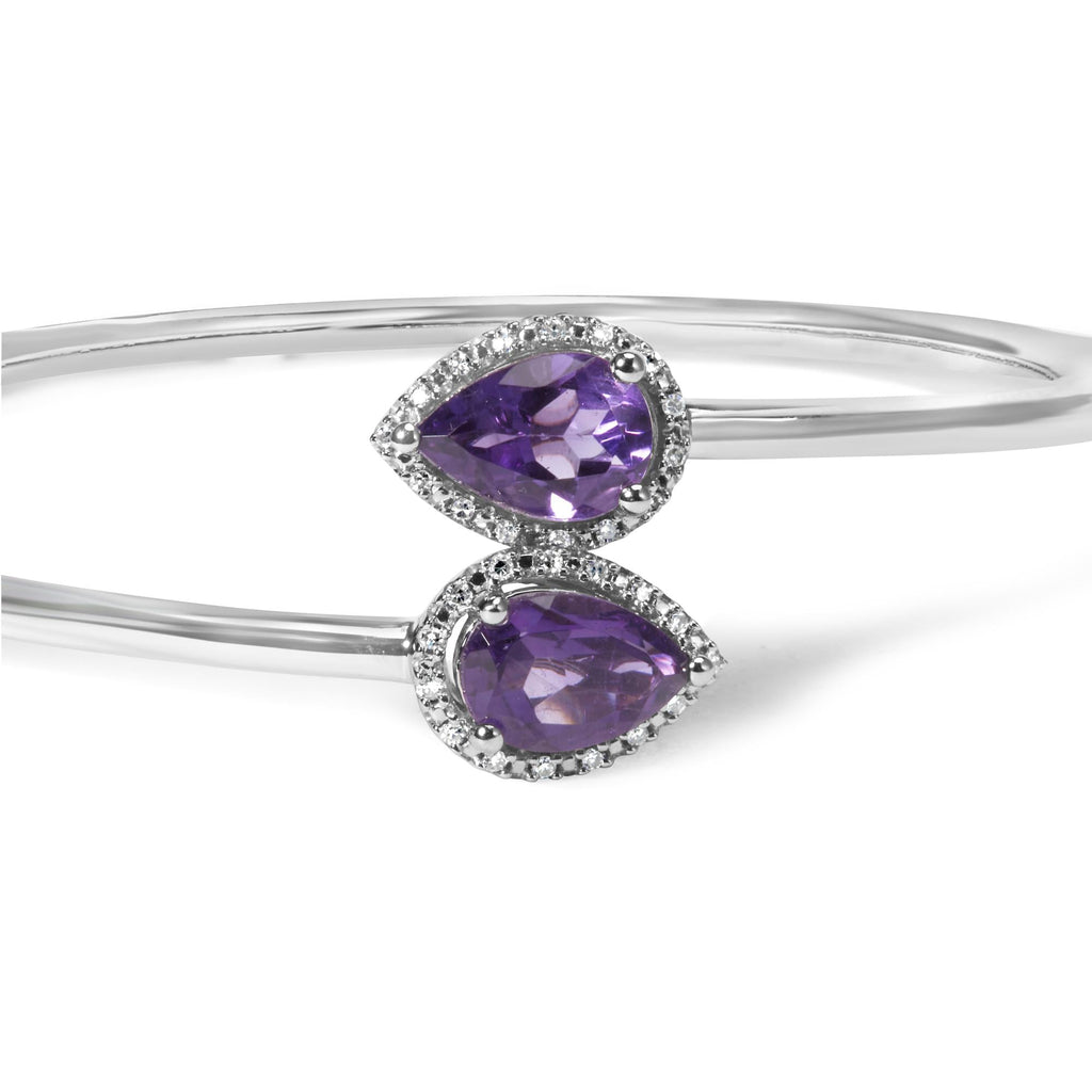 Bracelet jonc en argent sterling 925, 8 x 5,5 mm, en forme de poire, avec améthyste et diamants (couleur haute, pureté SI1-SI2) - Convient aux tailles jusqu'à 7 pouces