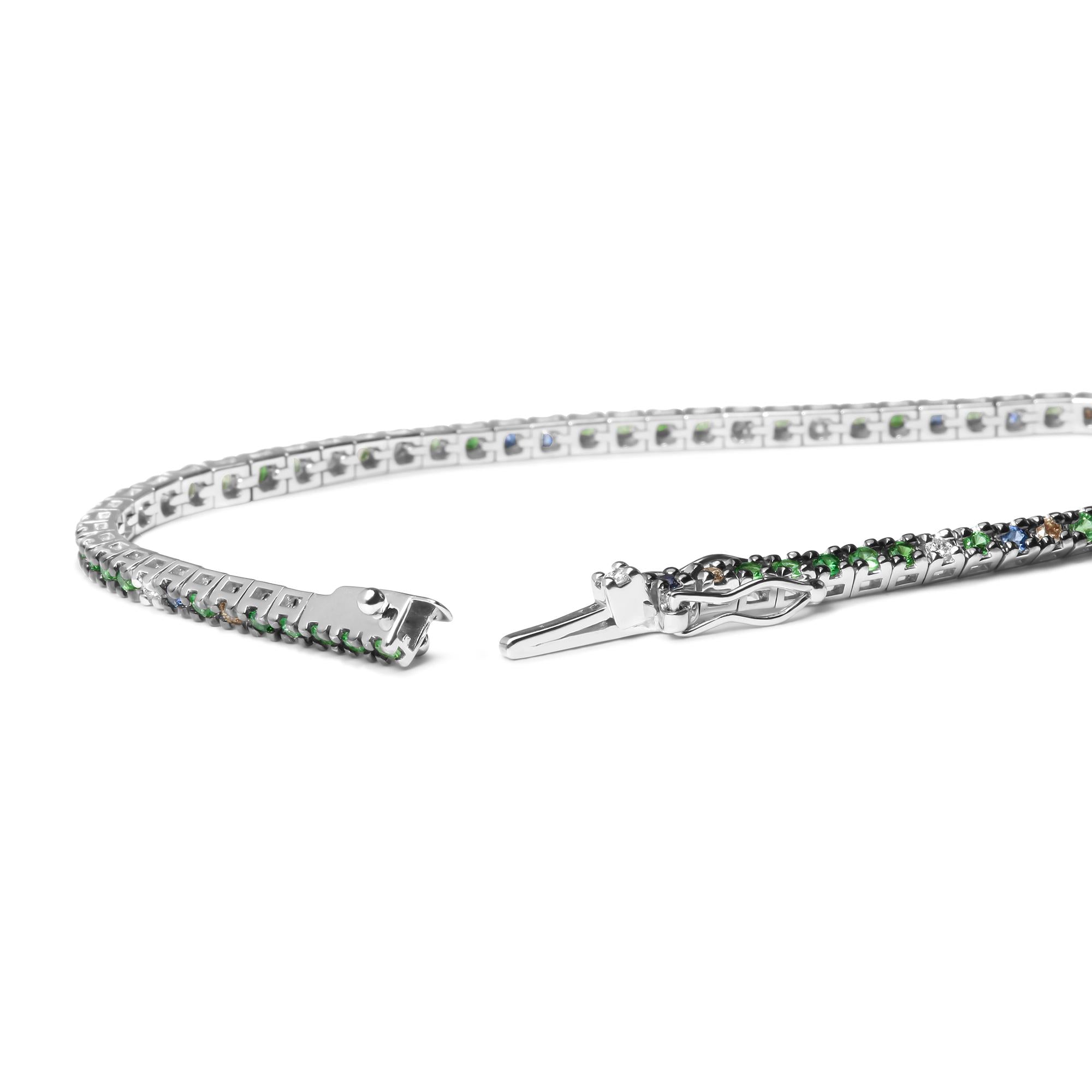18K White Gold 3/8 Cttw Diamond with Blue Sapphire and Green Tsavorite Gemstone Multi-Colored Tennis Bracelet (Brown and G-H Color, SI1-SI2 Clarity) - Size 7"