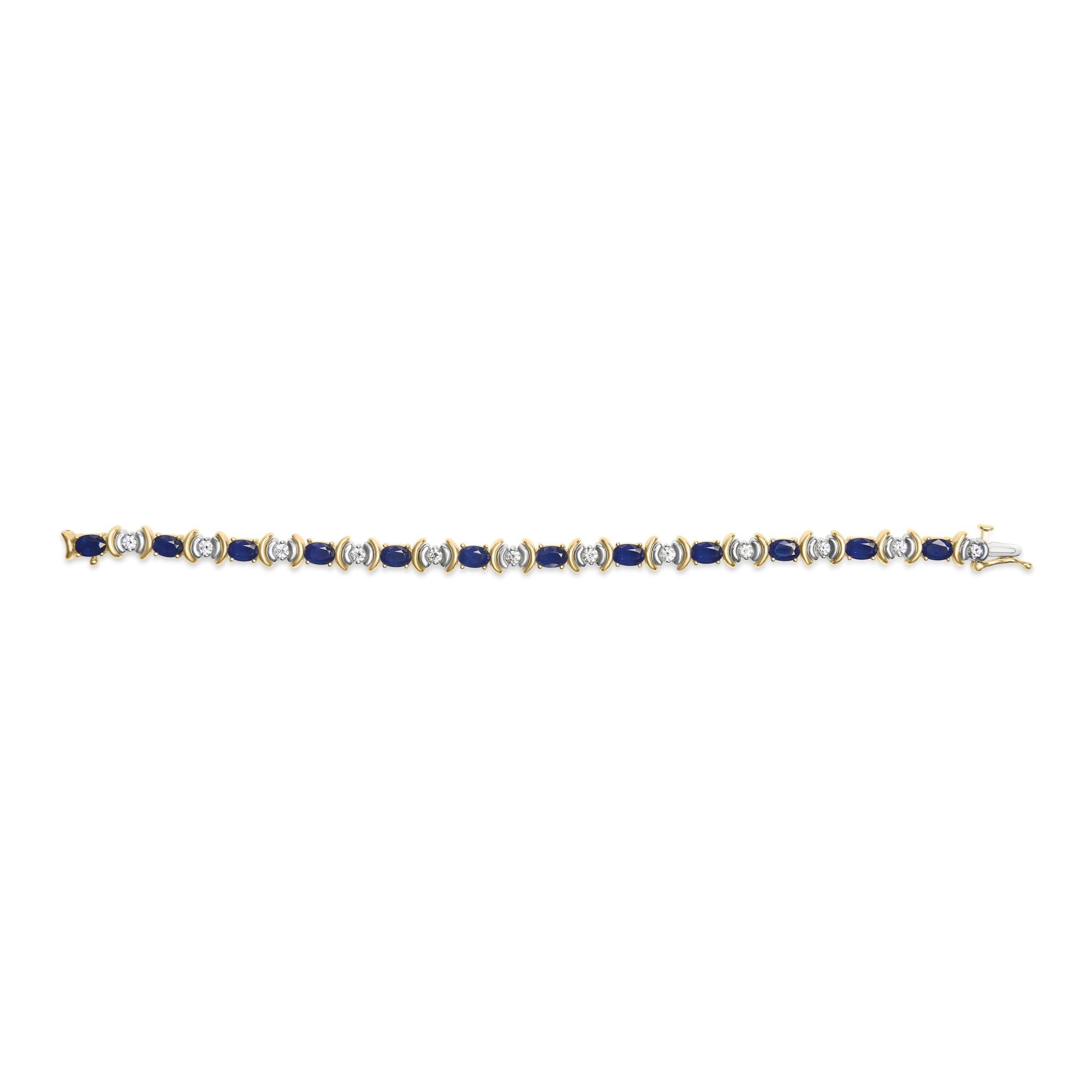 14K Yellow Gold 1.00 Cttw Alternating  Diamond and 6 1/2 Cttw Oval Blue Sapphire Link Bracelet (H-I Color, SI1-SI2 Clarity) - 7" Inches