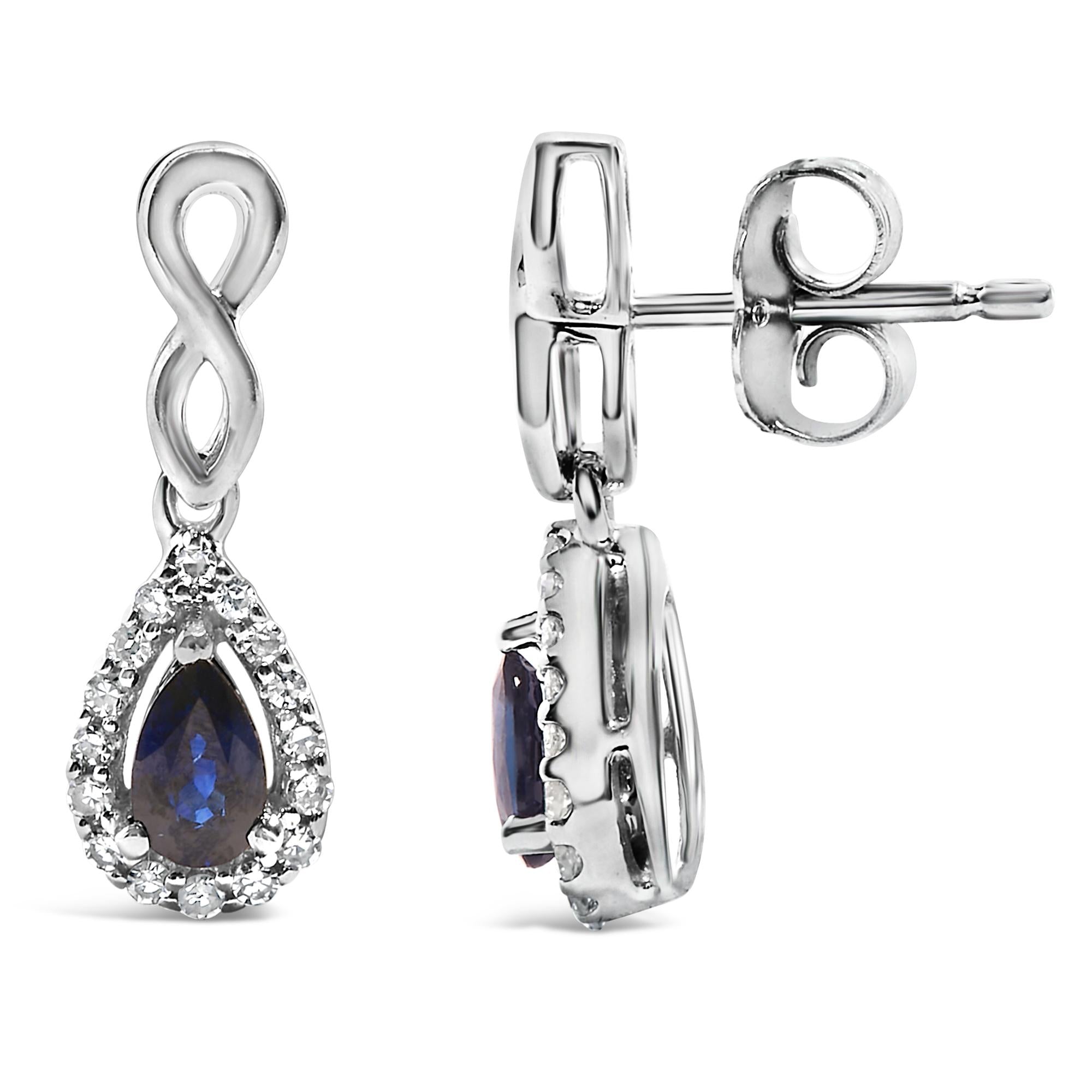 10K White Gold Pear Cut Blue Sapphire and 1/7 Cttw Diamond Infinity Drop and Dangle Earrings (I-J Color, I1-I2 Clarity)
