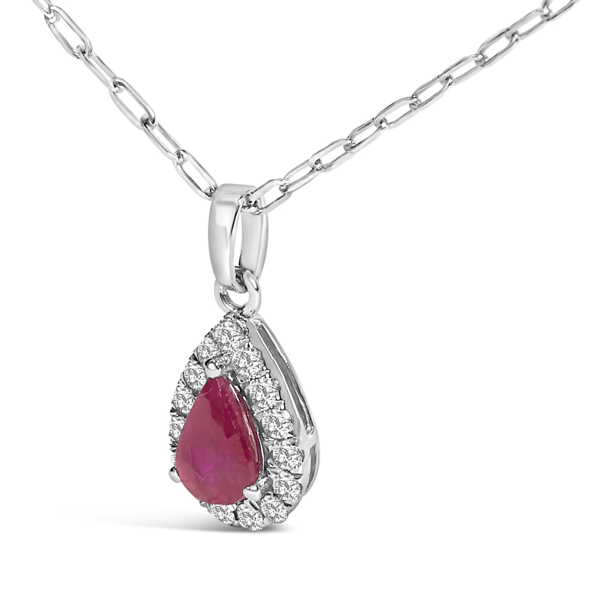 14K White Gold 6x4 Pear Red Ruby and Diamond Halo Pendant Necklace - 18" Inches