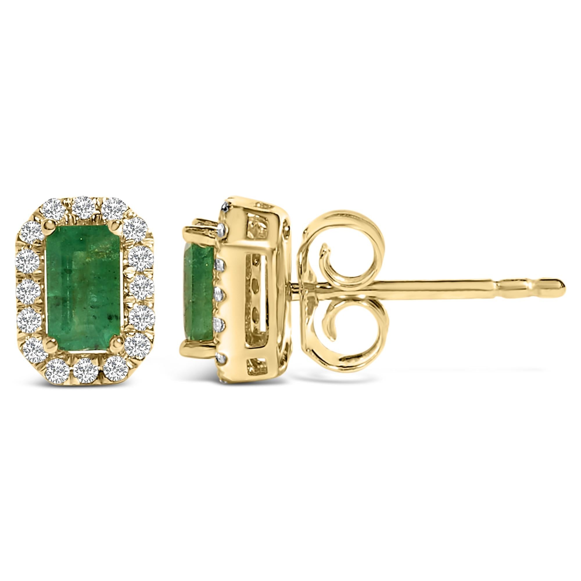 14K Yellow Gold Green Emerald and 1/8 Cttw Diamond Halo Octagonal Shaped Stud Earrings  (I-J Color, I1-I2 Clarity)
