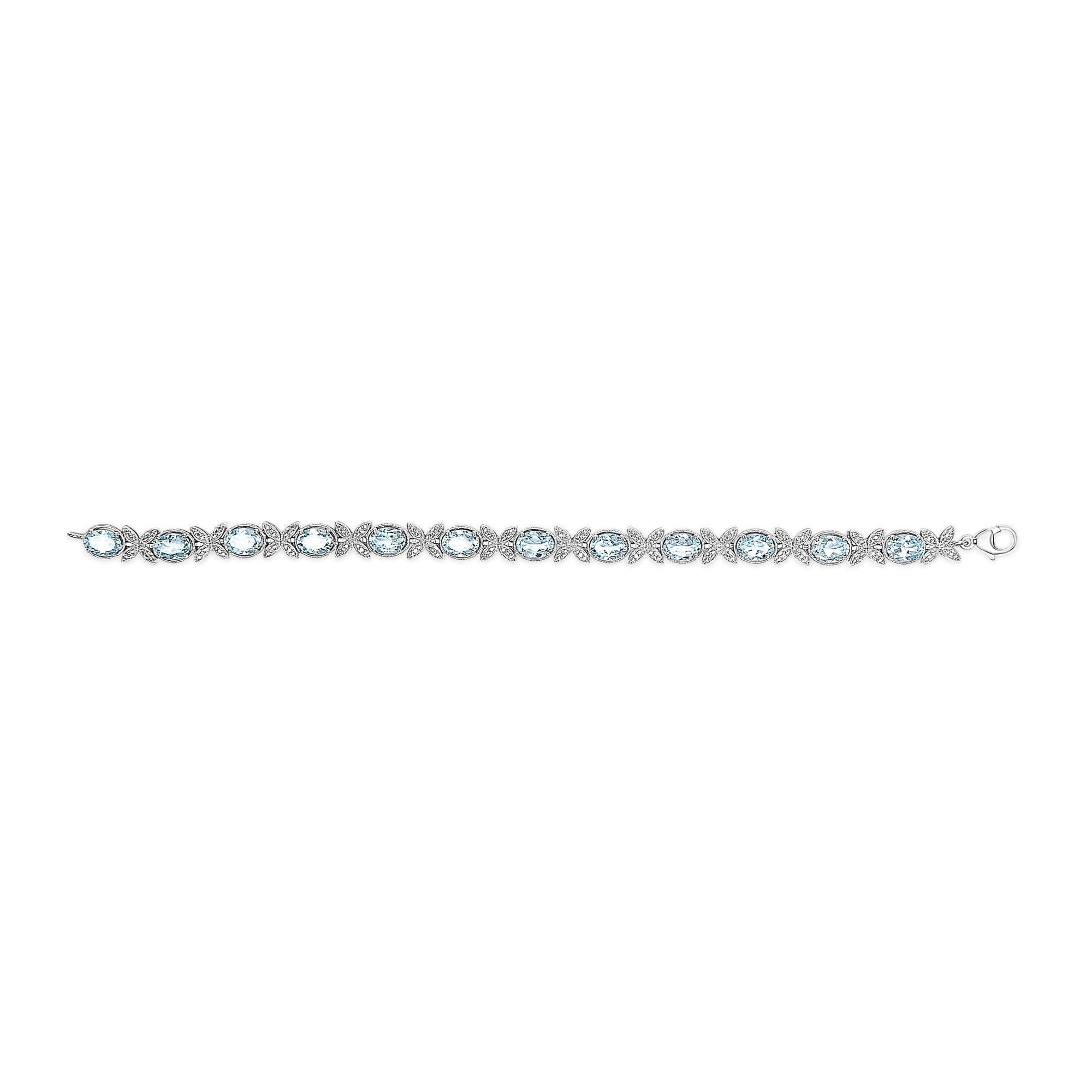 .925 Sterling Silver Oval Blue Topaz Diamond Butterfly Link Bracelet (I-J Color, I1-I2 Clarity) - Size 7" Inches