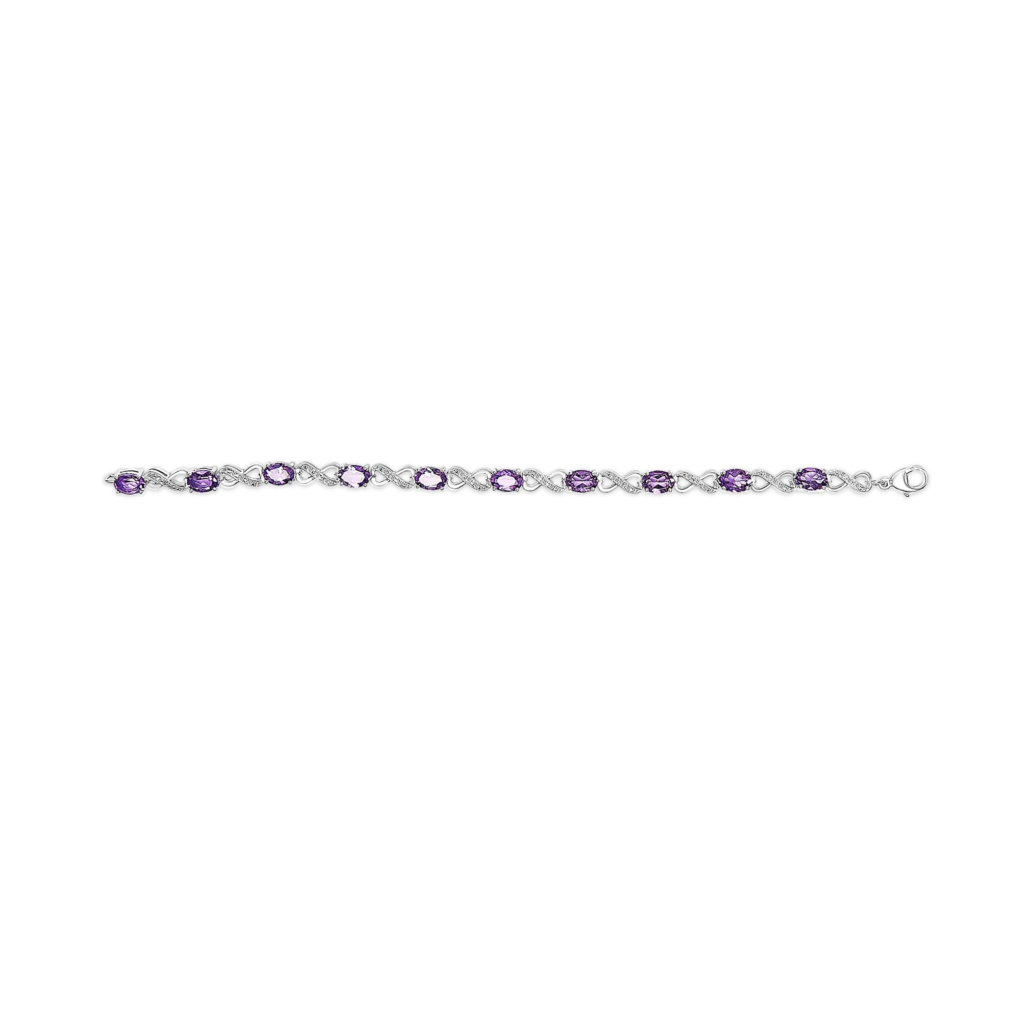 .925 Sterling Silver Oval Purple Amethyst and Diamond Infinity Link Bracelet (I-J Color, I1-I2 Clarity) - 7" Inches