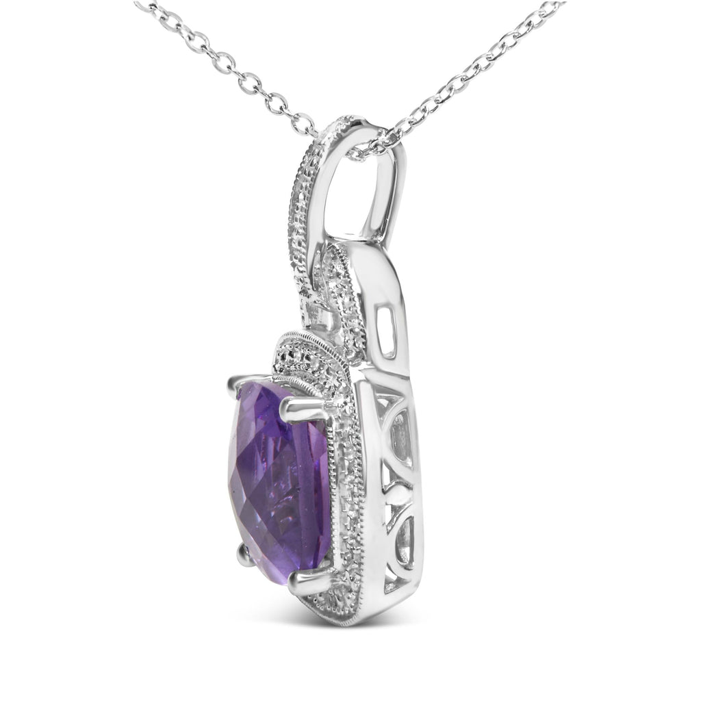 Collier pendentif halo de diamants et améthyste violette coussinée en argent sterling 925 (10 x 10 mm) (couleur IJ, pureté I1-I2)