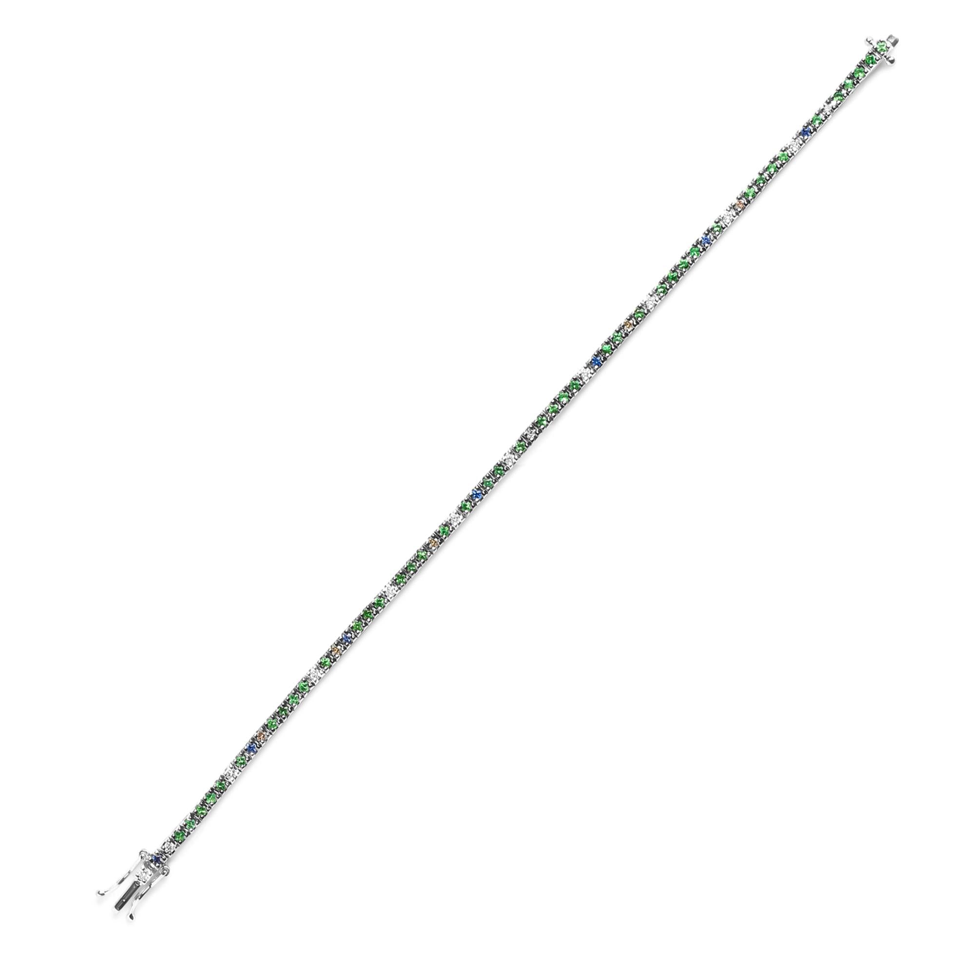 18K White Gold 3/8 Cttw Diamond with Blue Sapphire and Green Tsavorite Gemstone Multi-Colored Tennis Bracelet (Brown and G-H Color, SI1-SI2 Clarity) - Size 7"