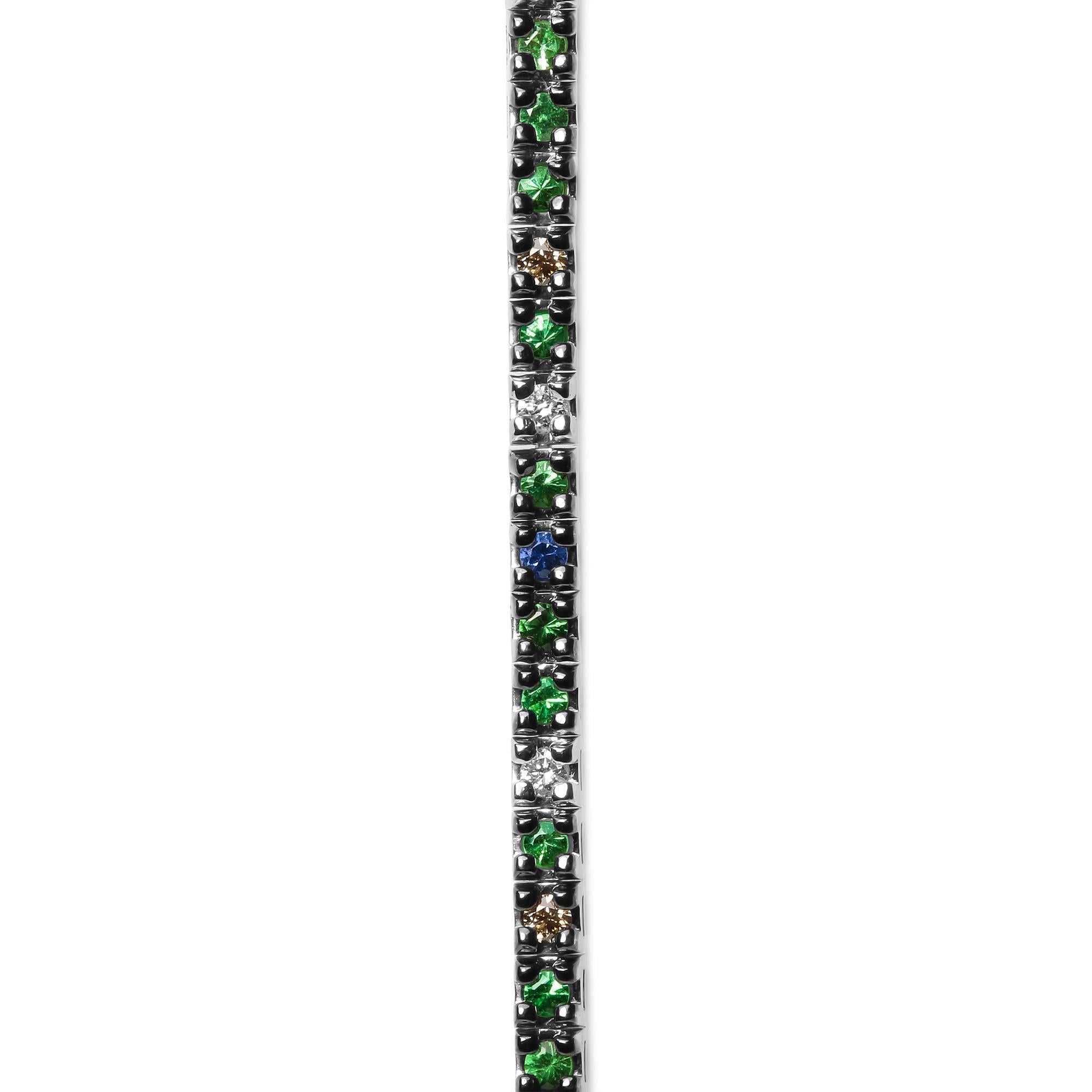 18K White Gold 3/8 Cttw Diamond with Blue Sapphire and Green Tsavorite Gemstone Multi-Colored Tennis Bracelet (Brown and G-H Color, SI1-SI2 Clarity) - Size 7"