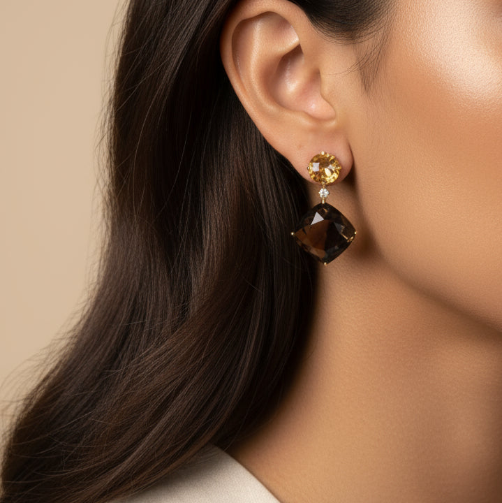 18K Yellow Gold 1/5 Cttw Diamond with Round Yellow Citrine and 25mm Cushion Cut Smoky Quartz Gemstone Dangle Earring (G-H Color, SI1-SI2 Clarity)