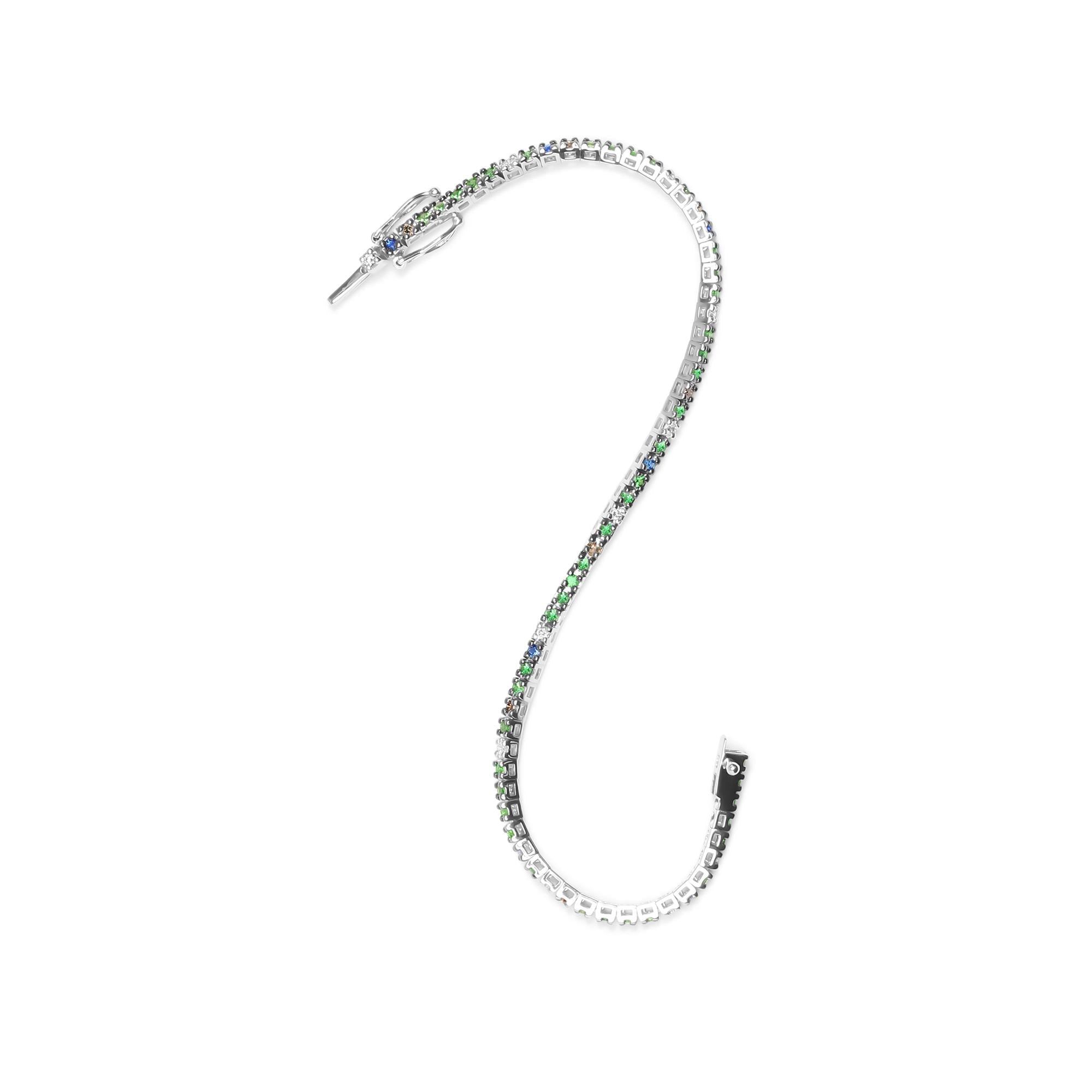 18K White Gold 3/8 Cttw Diamond with Blue Sapphire and Green Tsavorite Gemstone Multi-Colored Tennis Bracelet (Brown and G-H Color, SI1-SI2 Clarity) - Size 7"