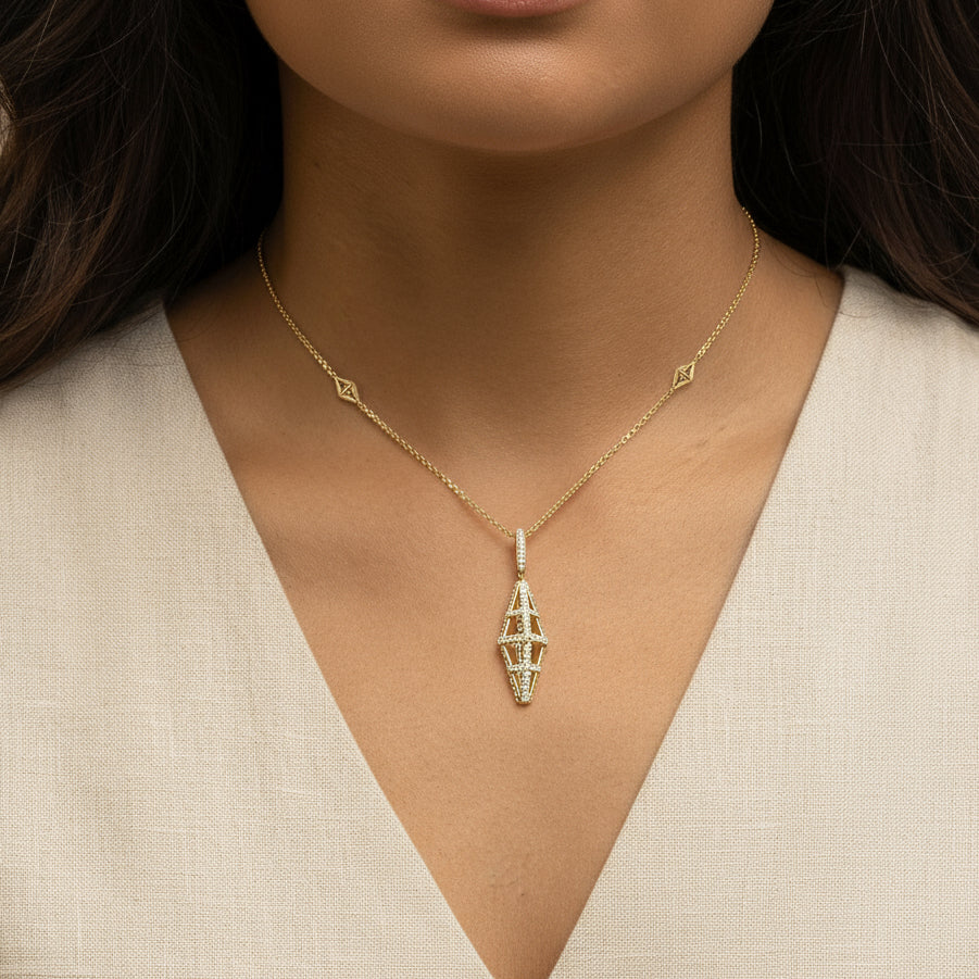 14K Yellow Gold 1.0 Cttw Diamond Studded Geometric Double Pyramid 18" Pendant Necklace (G-H Color, SI1-SI2 Clarity)