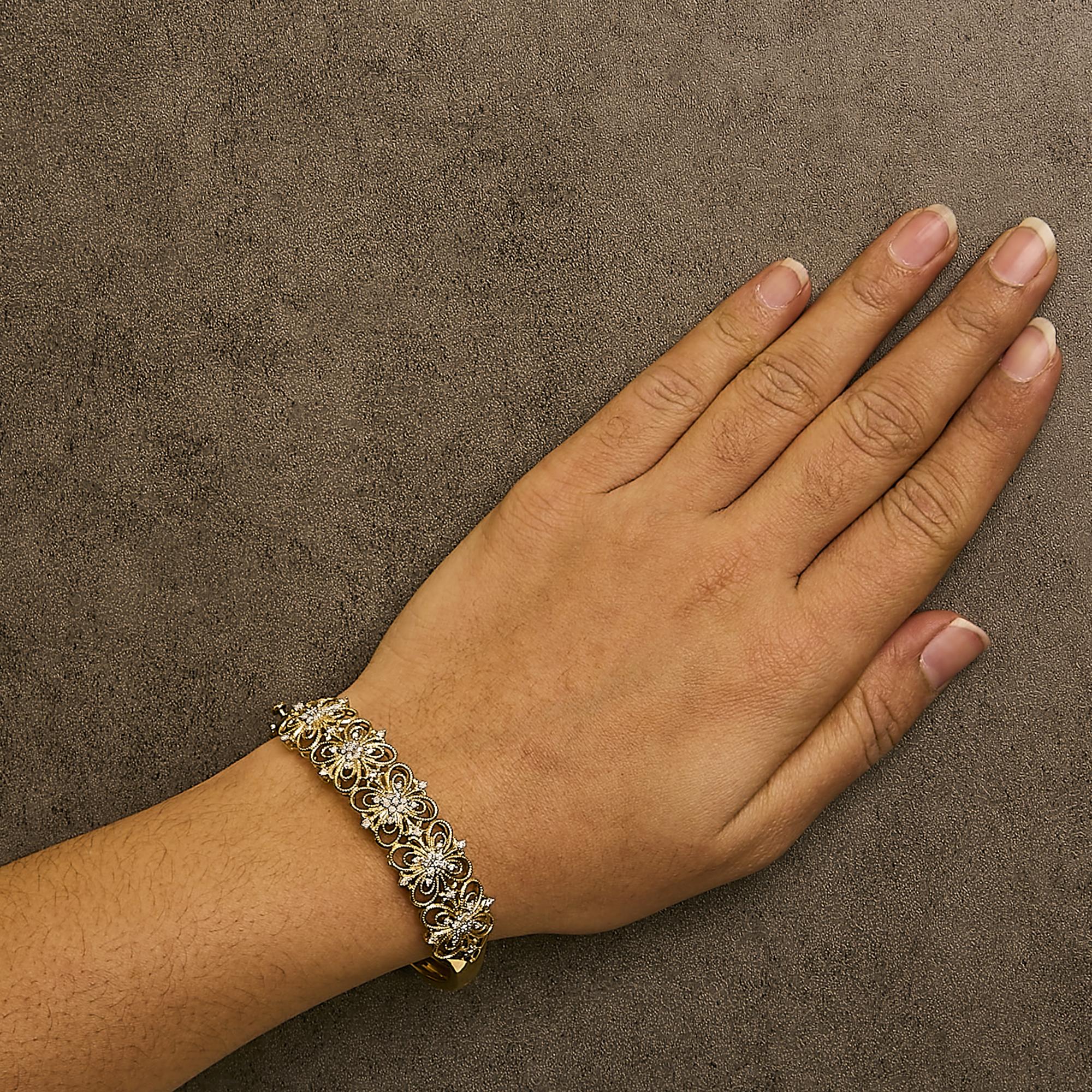 14K Gold 1.00 Cttw Diamond Vintage Inspired Floral Bangle Bracelet (H-I Color, SI1-SI2 Clarity) - 7.75" Inches