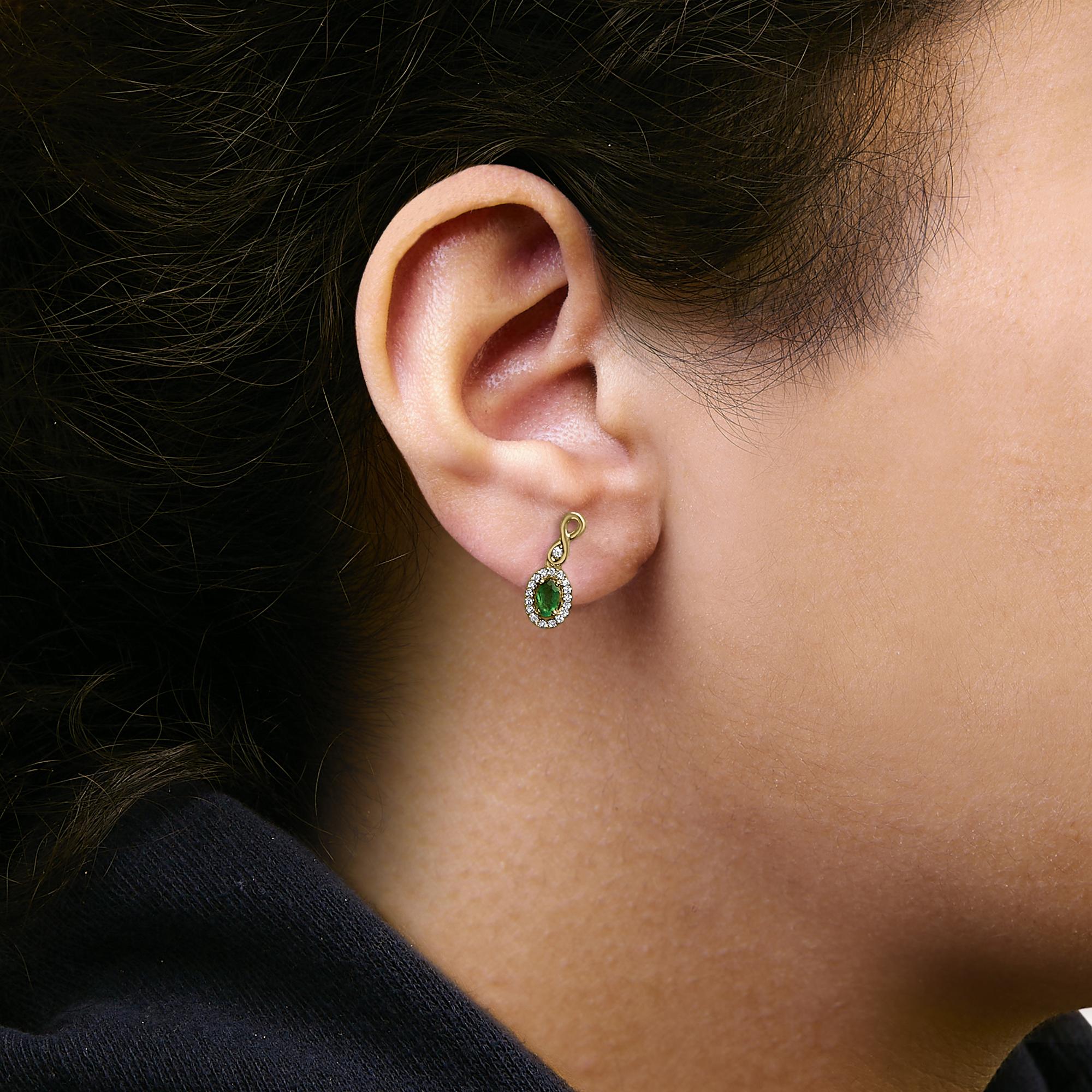 10K Yellow Gold Oval Cut Green Emerald 5x3 mm and 1/7 Cttw Round Diamond Dangle Earrings