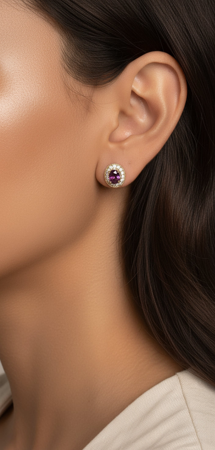 14K Rose Gold 7x5mm Oval Cut Garnet and 3/8 Cttw Round Diamond Halo Stud Earrings (G-H Color, SI1-SI2 Clarity)