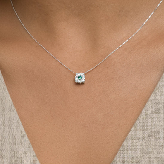 14K White Gold 3.8 MM Green Emerald and 1/3 Cttw Diamond Composite Halo 18" Pendant Necklace (F-G Color, VS2-SI1 Clarity)
