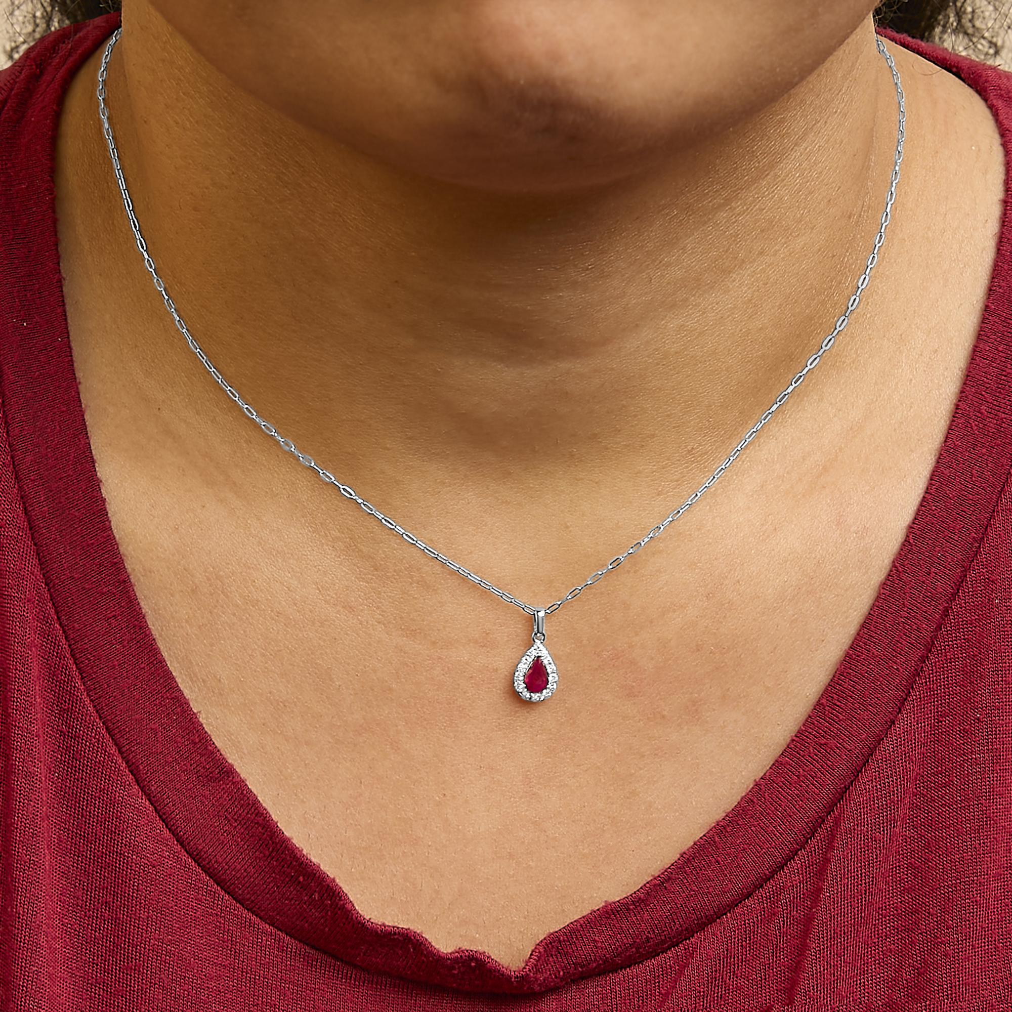 14K White Gold 6x4 Pear Red Ruby and Diamond Halo Pendant Necklace - 18" Inches