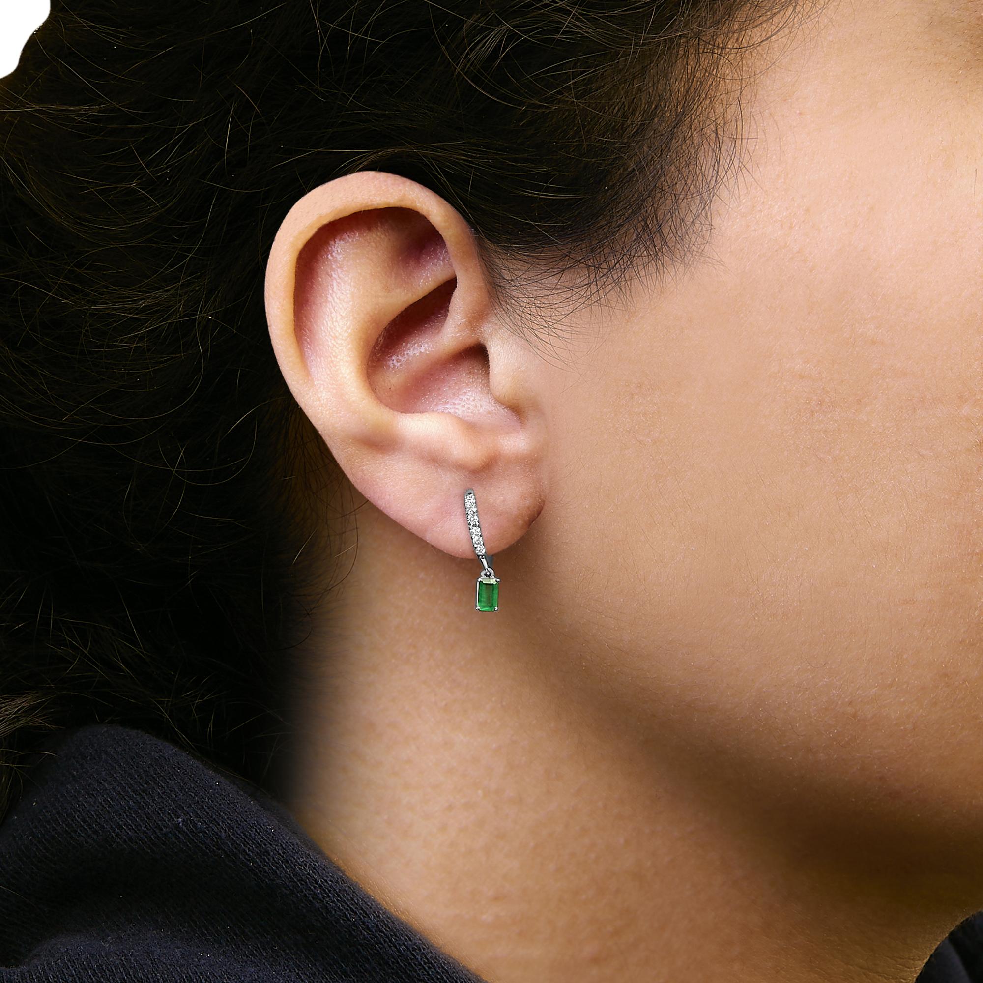 10K White Gold Oval Green Emerald and 1/8 Cttw Diamond Drop Earrings  (I-J Color, I1-I2 Clarity)