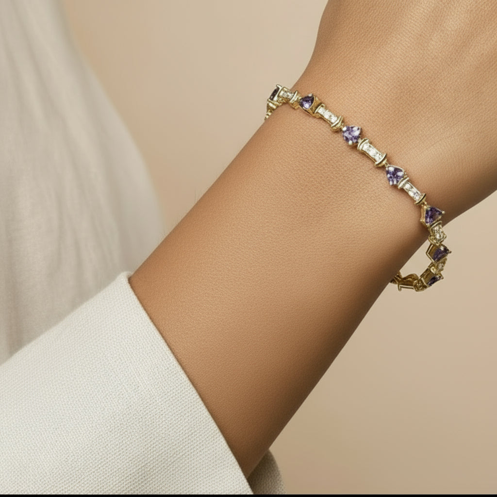 14K Yellow Gold 4x3 Trillion Cut Purple Tanzanite and Diamond Link Bracelet (H-I Color, SI2-I1 Clarity) - 7" Inches