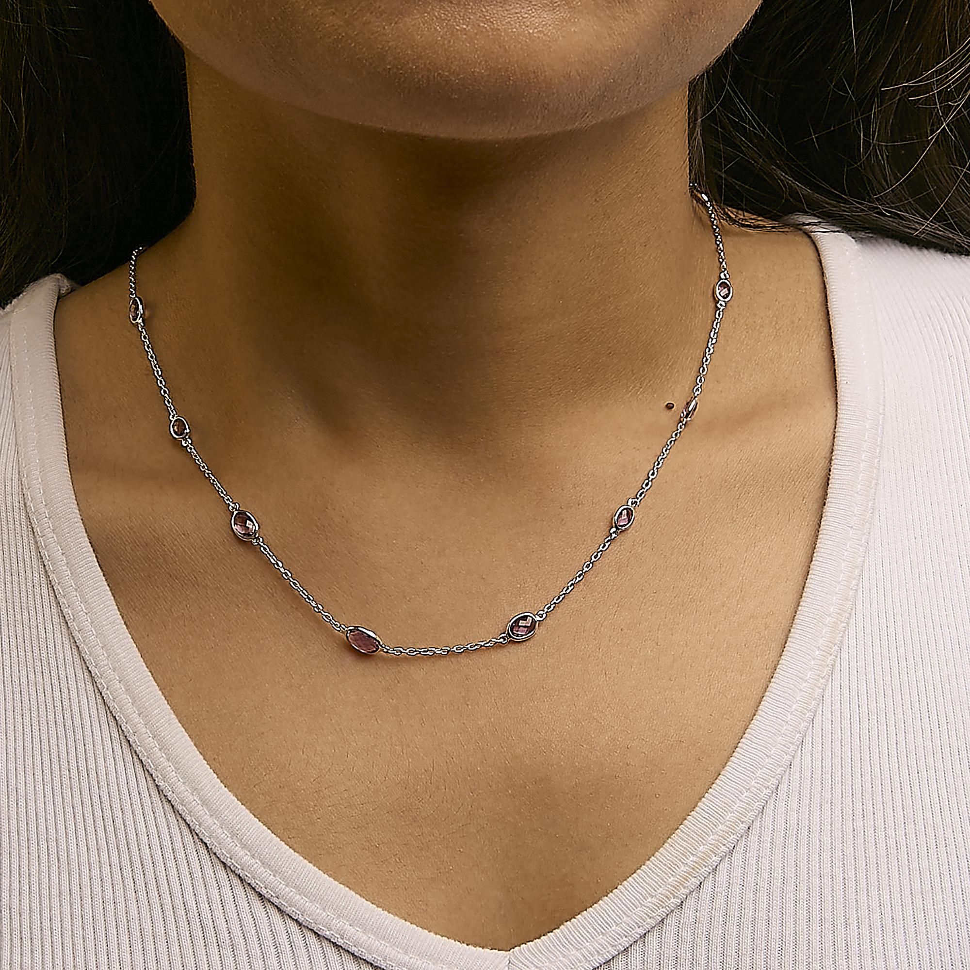 .925 Sterling Silver Checkerboard Cut Purple Amethyst Bezel Station Necklace - 22" Inches
