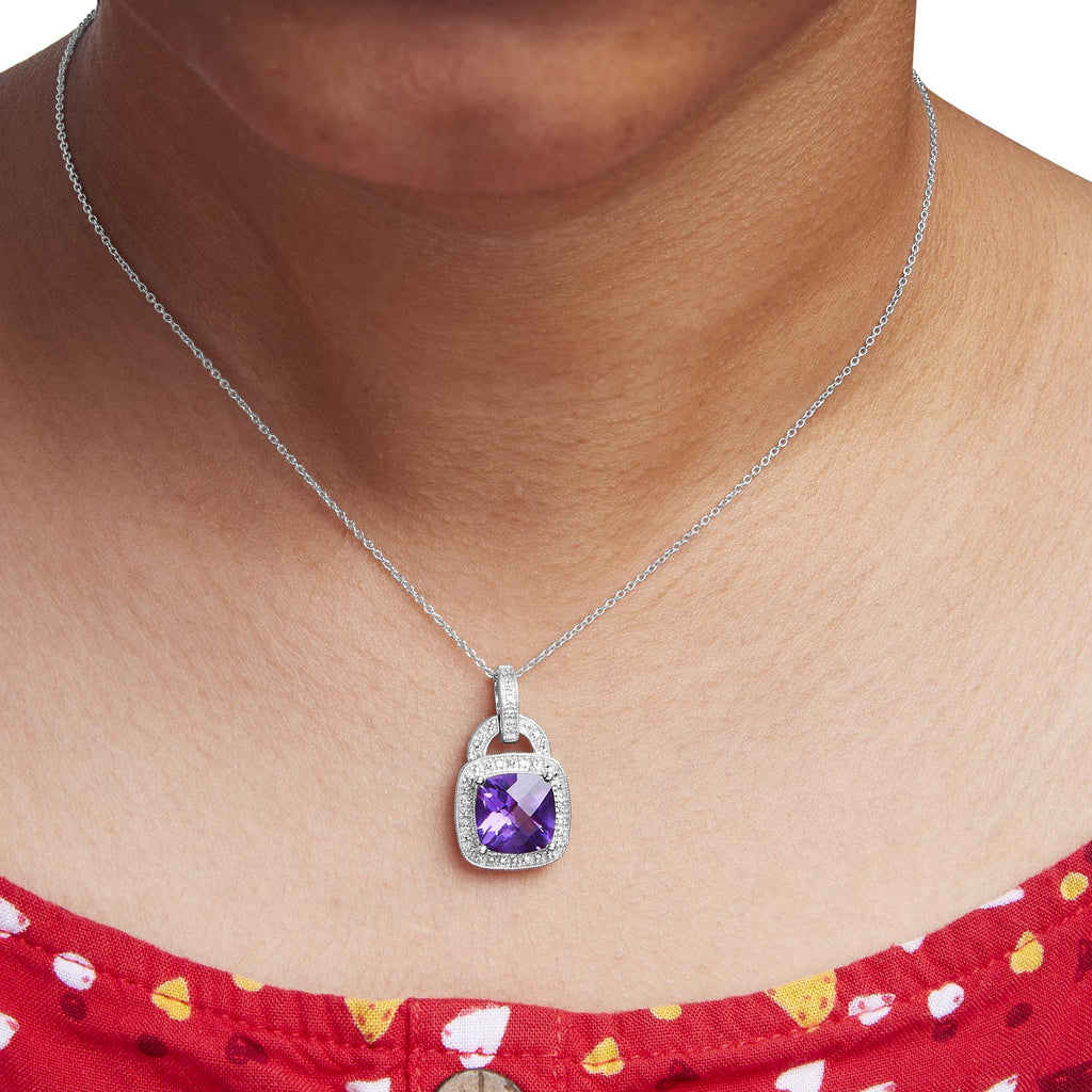 Collier pendentif halo de diamants et améthyste violette coussinée en argent sterling 925 (10 x 10 mm) (couleur IJ, pureté I1-I2)