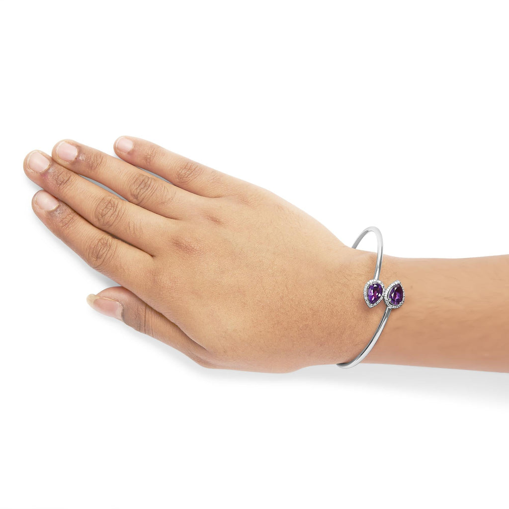 Bracelet jonc en argent sterling 925, 8 x 5,5 mm, en forme de poire, avec améthyste et diamants (couleur haute, pureté SI1-SI2) - Convient aux tailles jusqu'à 7 pouces
