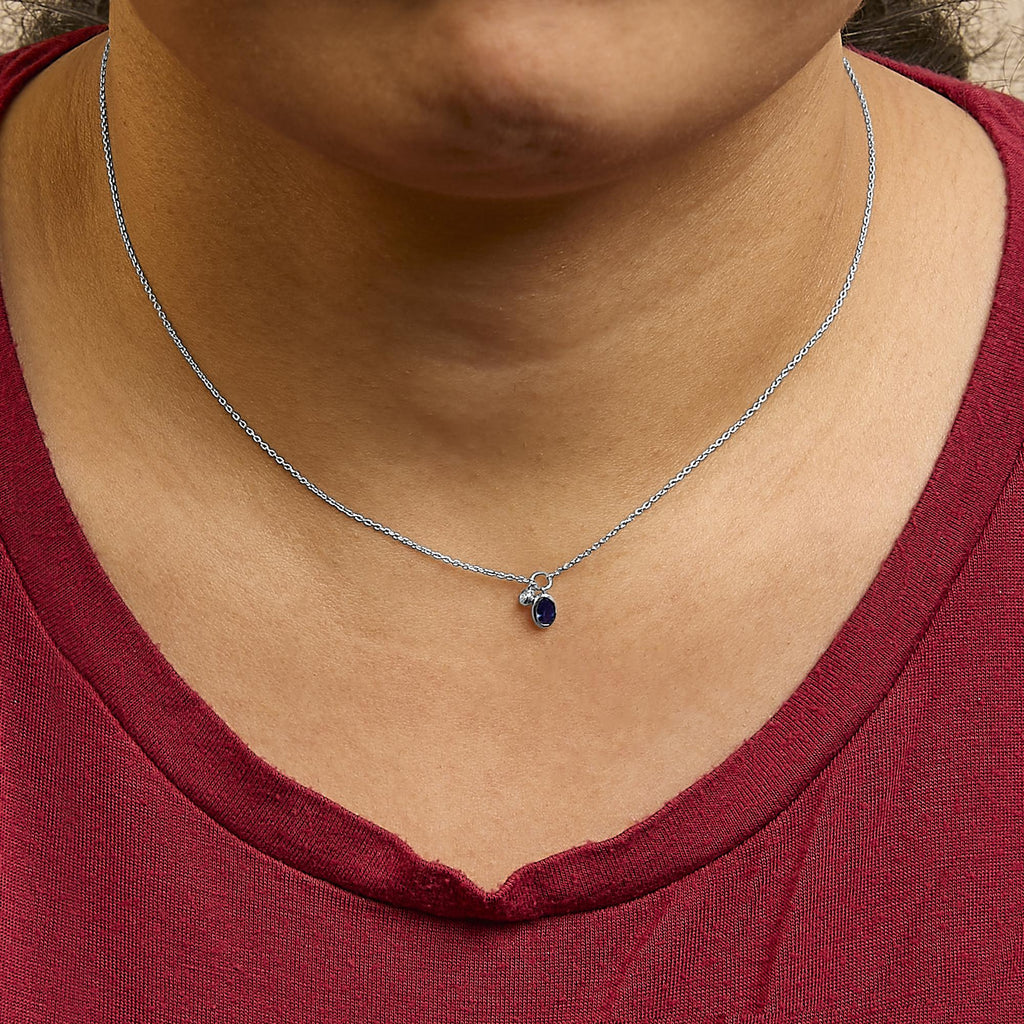 10K White Gold Oval Blue Sapphire and Diamond Double Charm Pendant Necklace - 18" Inches