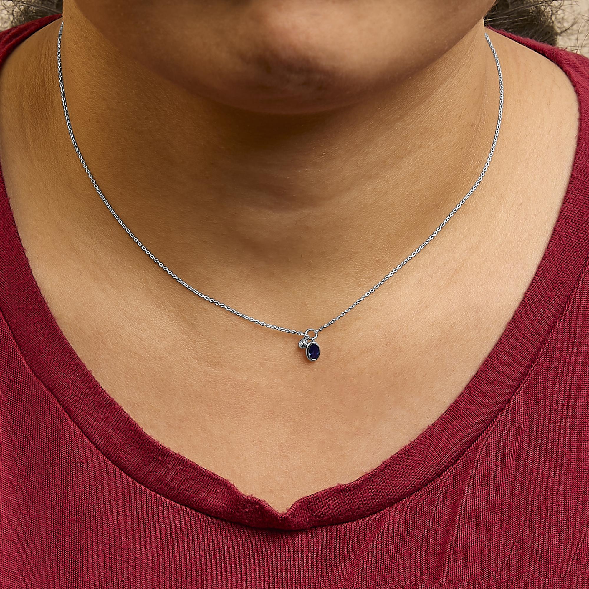 10K White Gold Oval Blue Sapphire and Diamond Double Charm Pendant Necklace - 18" Inches