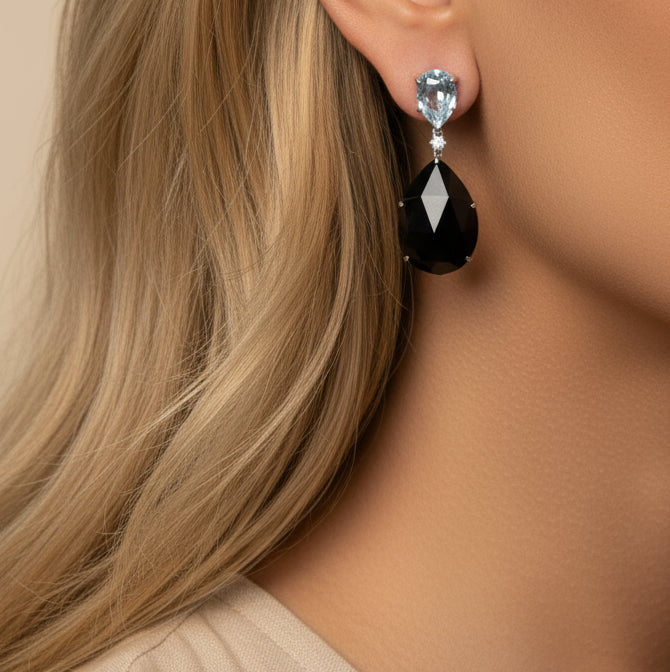 18K White Gold 1/5 Cttw Diamond with Pear Cut Sky Blue Topaz and Pear-Cut Black Onyx Gemstone Dangle Earring (G-H Color, SI1-SI2 Clarity)