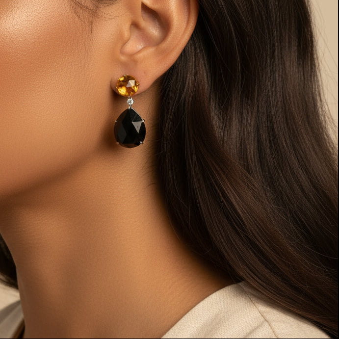 18K White and Yellow Gold 1/5 Cttw Diamond with Round Yellow Citrine and 20x15mm Pear Cut Black Onyx Gemstone Dangle Earring (G-H Color, SI1-SI2 Clarity)