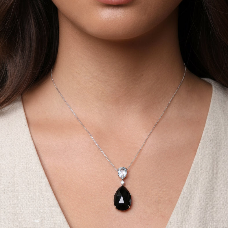 18K White Gold Diamond Accent and Pear Cut Sky Blue Topaz and Pear Cut Black Onyx Dangle Drop 18" Pendant Necklace (G-H Color, SI1-SI2 Clarity)