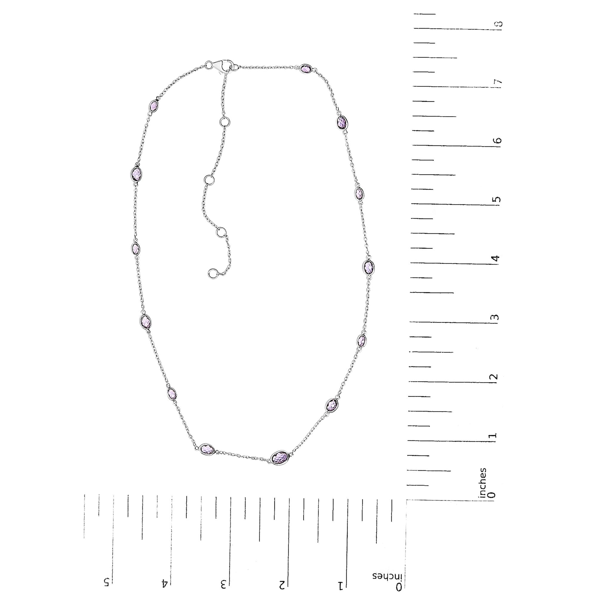 .925 Sterling Silver Checkerboard Cut Purple Amethyst Bezel Station Necklace - 22" Inches