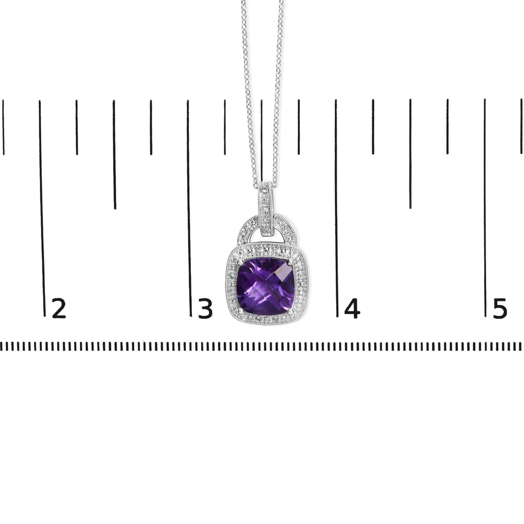 Collier pendentif halo de diamants et améthyste violette coussinée en argent sterling 925 (10 x 10 mm) (couleur IJ, pureté I1-I2)