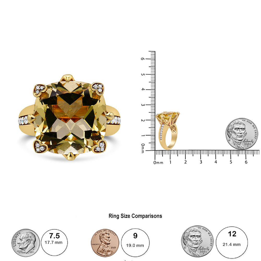 Bague cocktail en or jaune 18 carats, 15 x 15 mm, sertie d'un quartz citron taille coussin et d'un diamant 1/4 ct (couleur FG, pureté VS1-VS2)