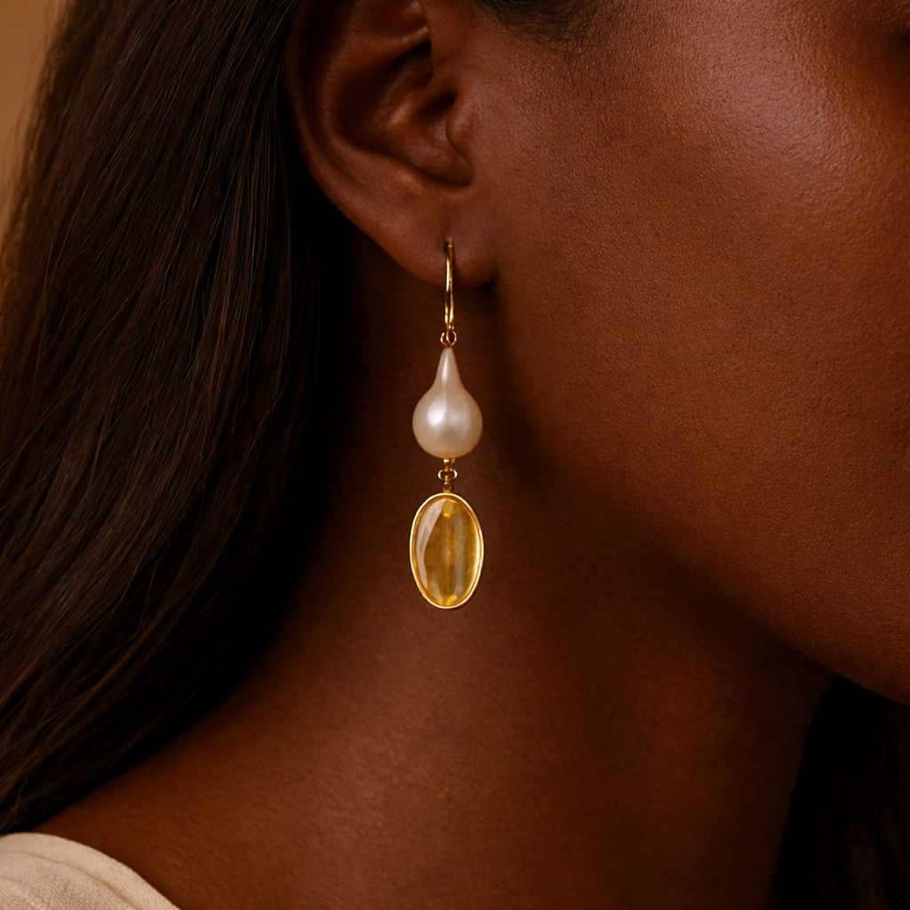 Woman wearing earring with large pearl and yellow citrine on a beige background